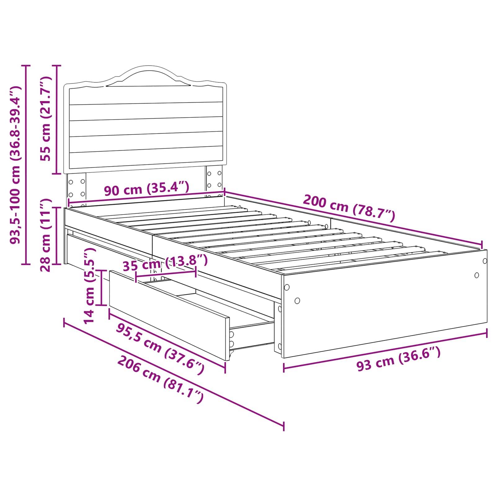 Diagramm der Abmessungen eines Einzelbetts: 90 cm breit, 200 cm lang. Höhe variiert zwischen 93,5-100 cm. Enthält ein 55 cm hohes Kopfteil und 28 cm Raum unter dem Bett.
