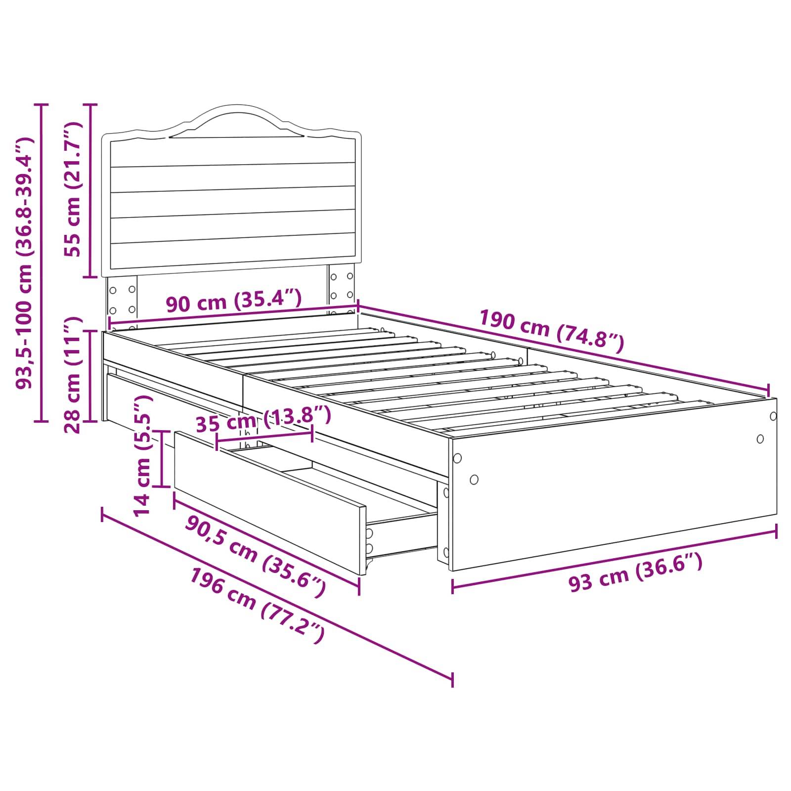 Eine Skizze eines Bettes mit Maßen: Breite 90 cm, Länge 190 cm, Höhe 93,5-100 cm. Beinhaltet Unterbettschubladen mit 90,5 cm Breite.