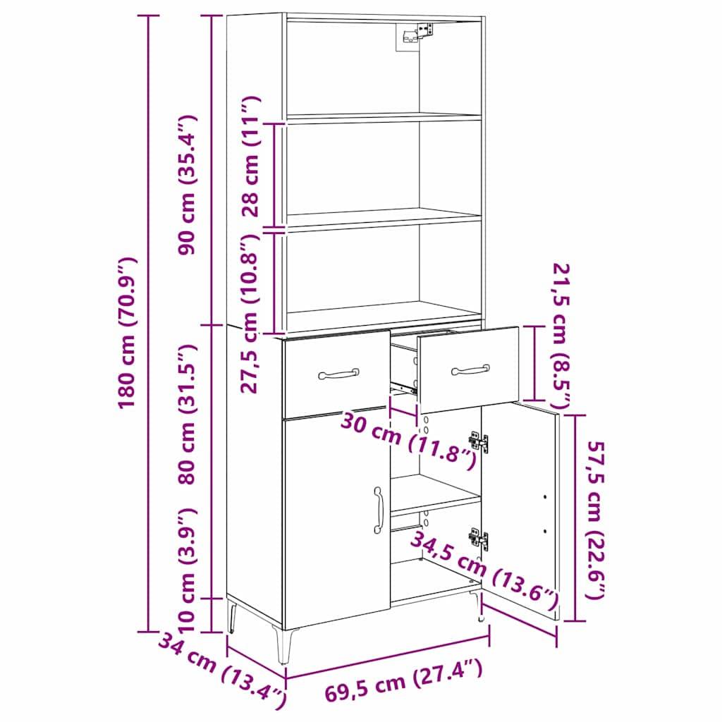 Küchenschrank-Schemata mit Abmessungen: Höhe 180 cm, Breite 69,5 cm, Tiefe 34 cm. Beinhaltet Regale, eine Schublade und Türen.