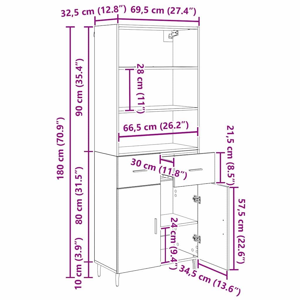 vidaXL Highboard Altholz 69,5 x 34 x 180 cm Engineered Wood und Glas