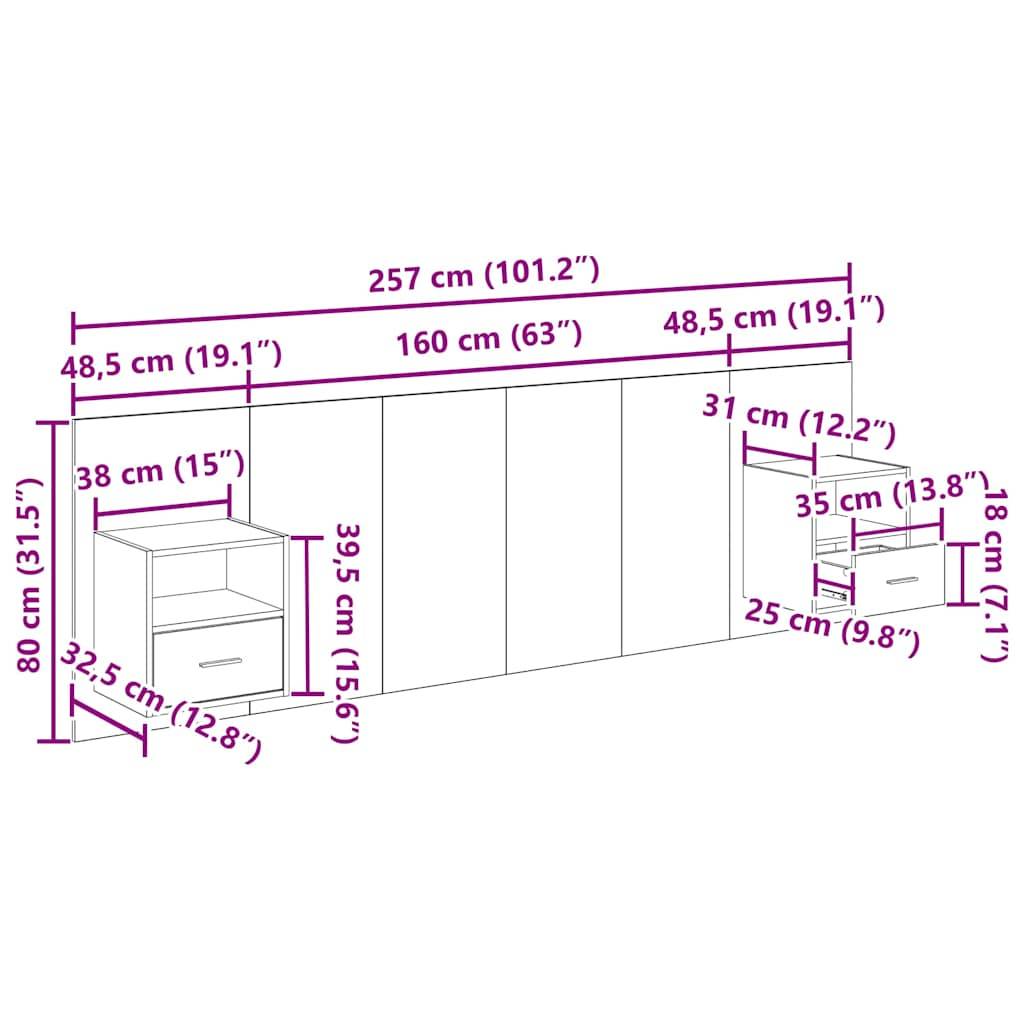 vidaXL Kopfteil mit Schrank mit Schubladen 3 pcs Altholz Holzwerkstoff