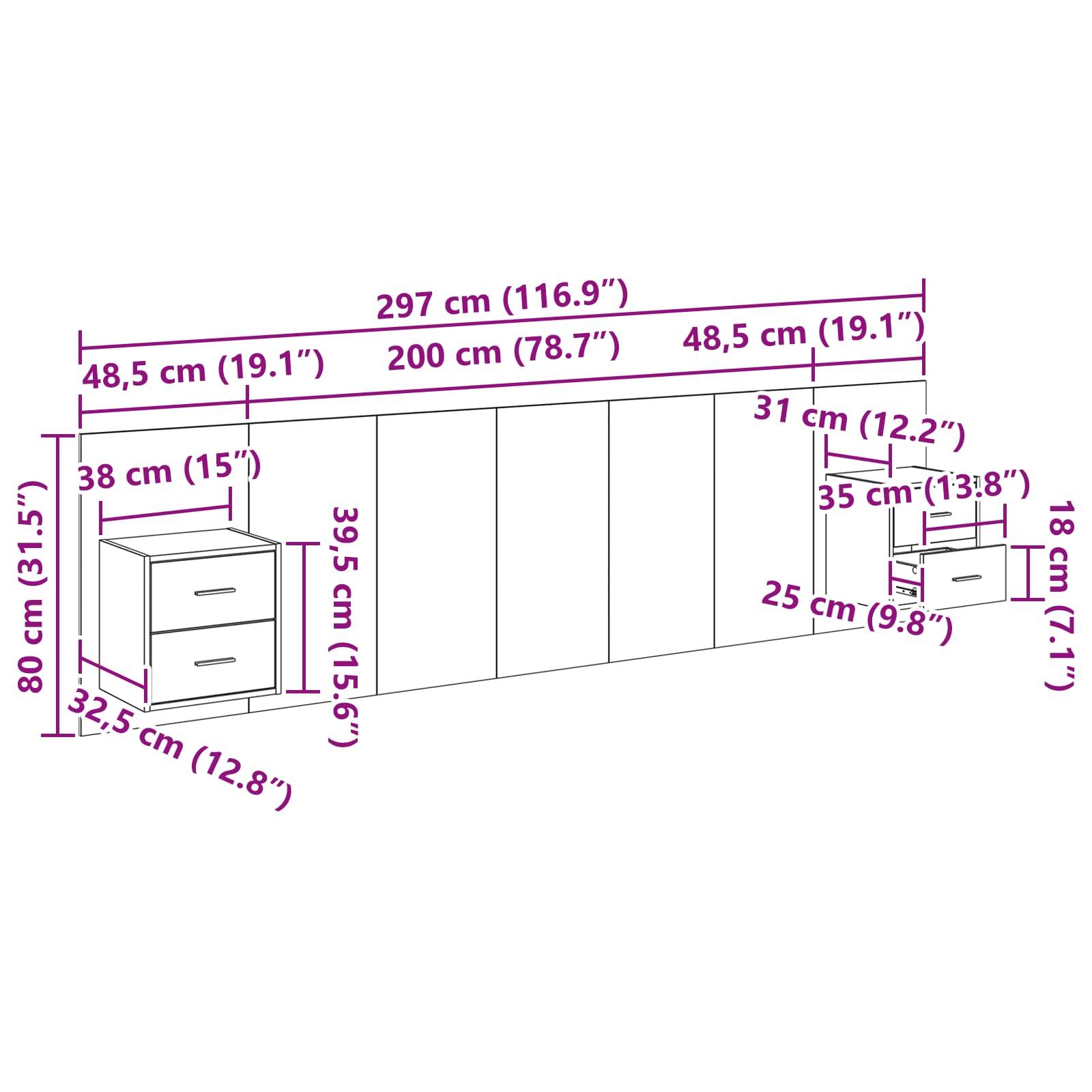 vidaXL Kopfteil mit Schrank mit Schubladen 3 pcs Altholz Holzwerkstoff