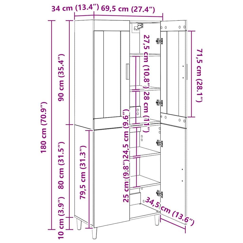 Weißer Schrank mit offenen und geschlossenen Abteilen, verschiedene Abmessungen der Fächer in Zentimetern beschriftet. Gesamtabmessungen: 180 cm hoch, 34-69,5 cm breit und 35 cm tief.