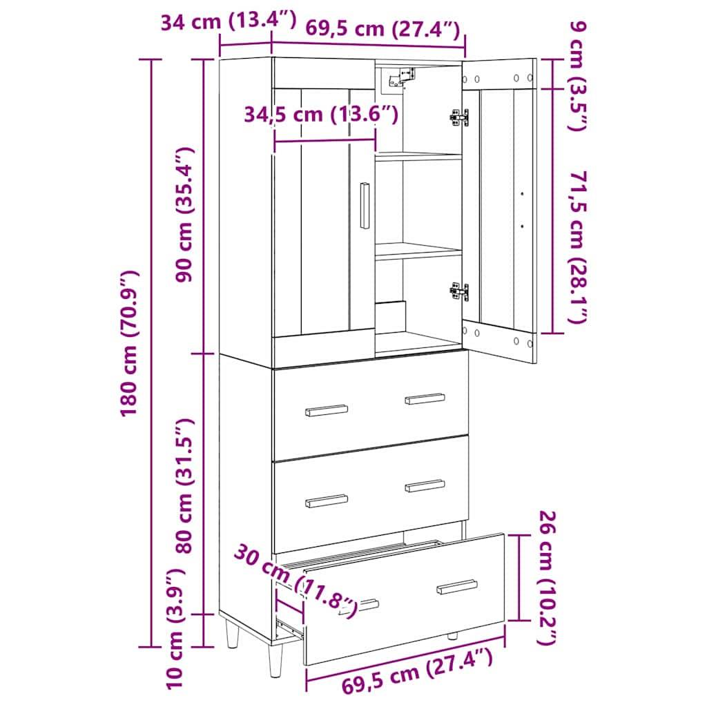 vidaXL Highboard mit Schubladen Artisan-Eiche 69,5 x 34 x 180 cm