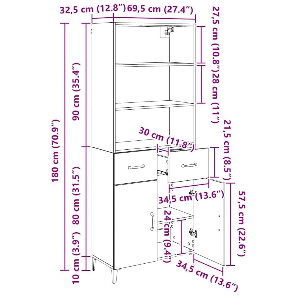Hoher Schrank mit Regalen, zwei Schubladen und zwei Türen. Maße: 180 cm Höhe, 32,5 cm Breite, 69,5 cm Tiefe, inklusive beschrifteter Maßangaben.