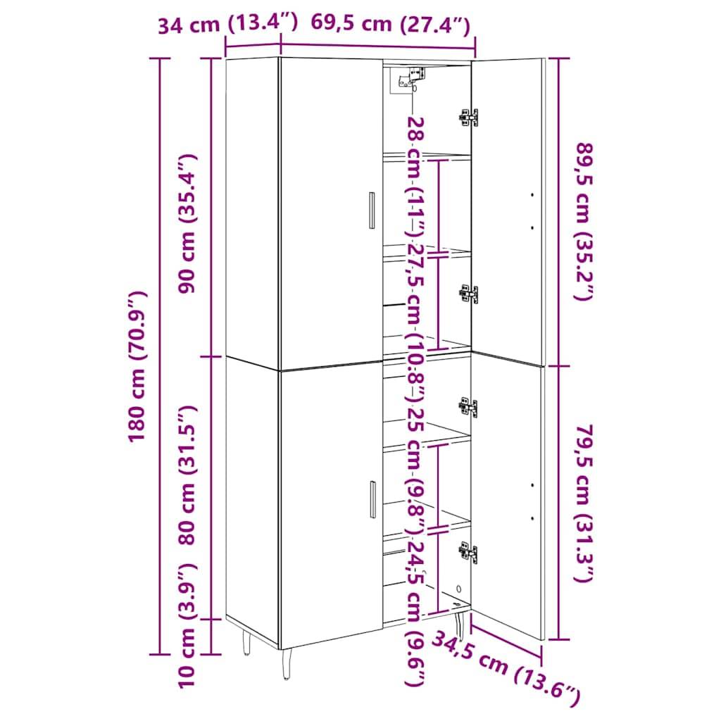 Hoher Schrank mit geöffneten Türen, die Regale freilegen, Abmessungen angegeben: Höhe 180 cm, Breite 69,5 cm, verschiedene Regalabstände gekennzeichnet.