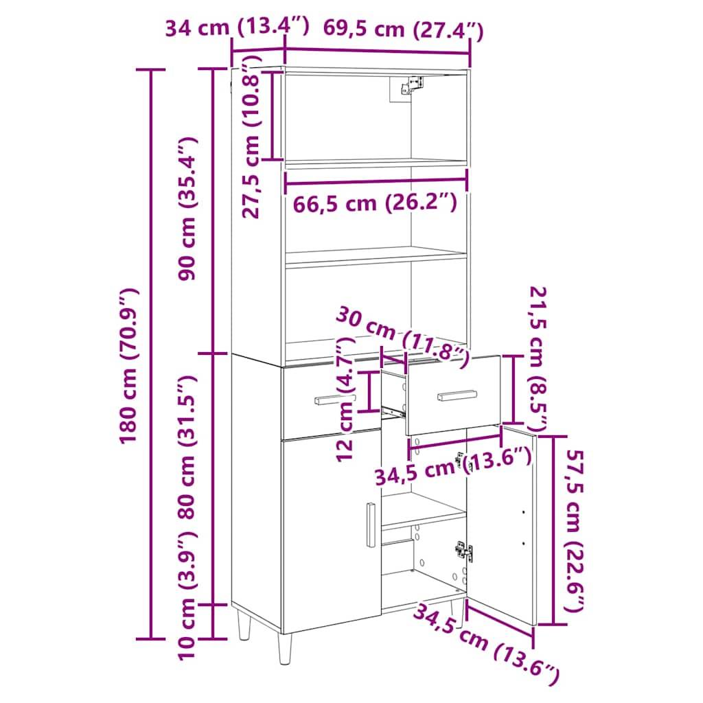 Schrankkabinettmaße in cm und Zoll: Höhe 180 cm (70,9