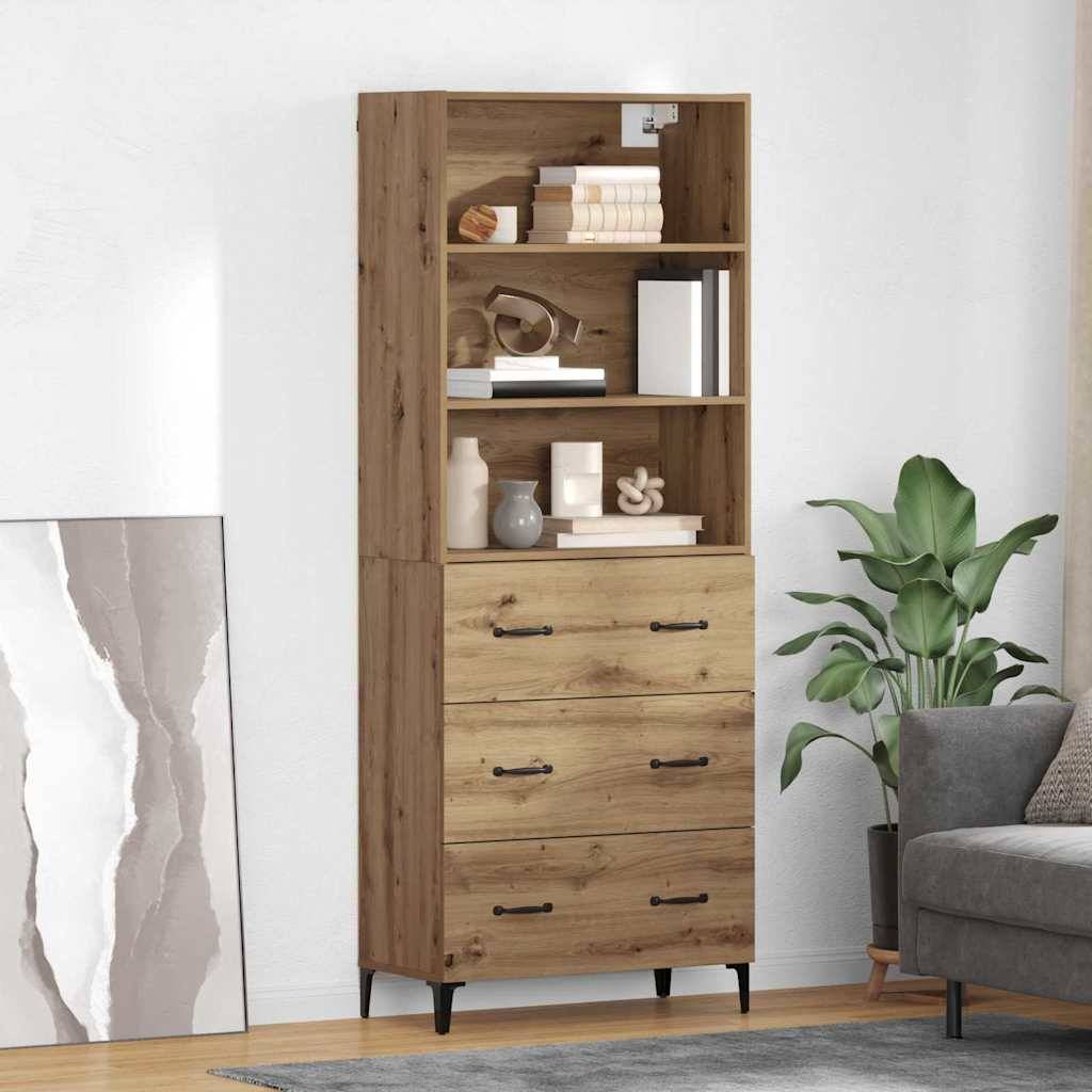 Holz-Bücherregal mit drei Schubladen, auf dem Bücher und Dekorationsgegenstände ausgestellt sind. Eine Topfpflanze und abstrakte Kunst in der Nähe schaffen eine gemütliche Raumatmosphäre.