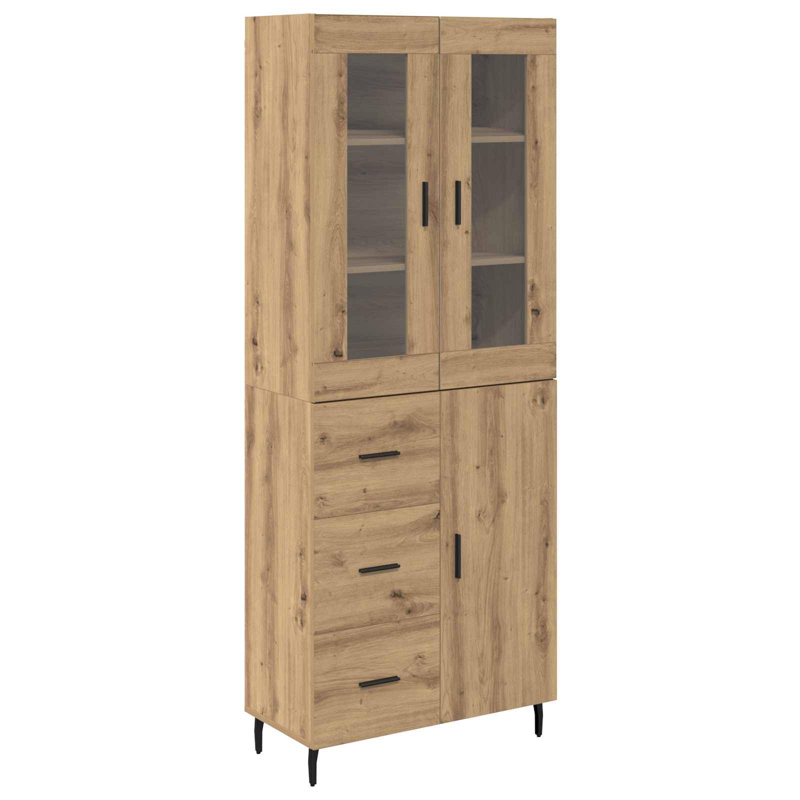 Hoher Holzschrank mit verglasten Doppeltüren oben, drei Schubladen und einer Tür unten, mit schwarzen Griffen und Beinen.