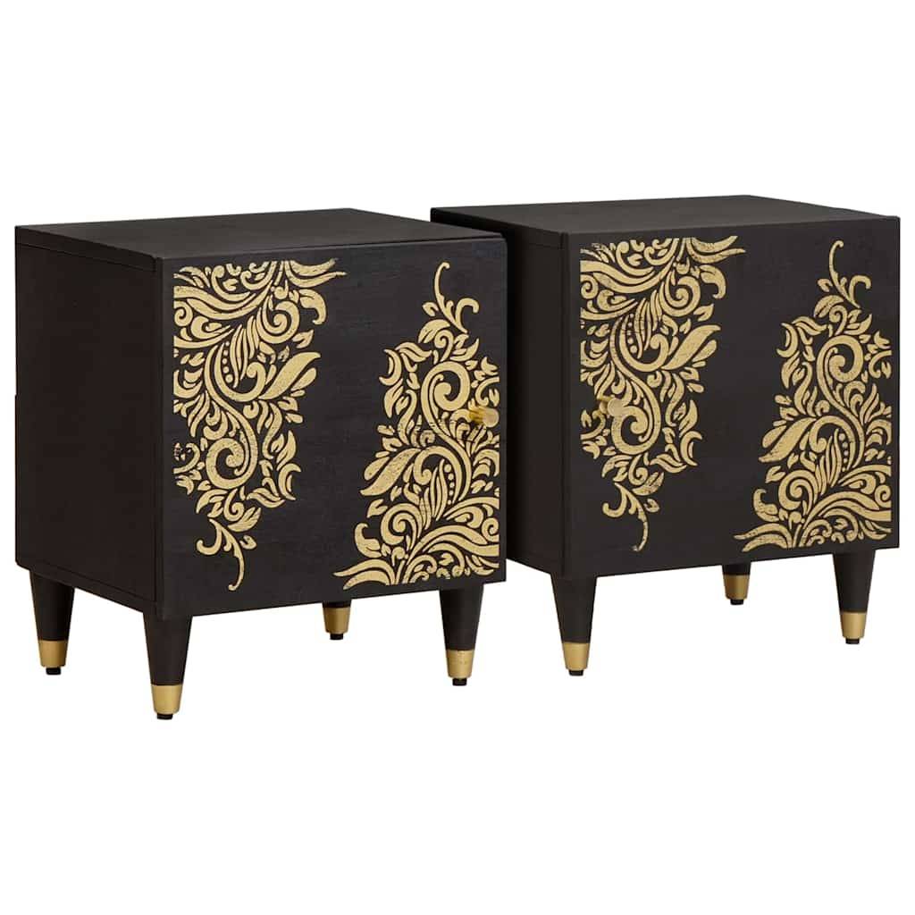 Zwei schwarze Nachttische mit kunstvollen goldenen Blumenmustern an der Vorderseite, die jeweils auf vier Beinen mit goldenen Akzenten stehen.
