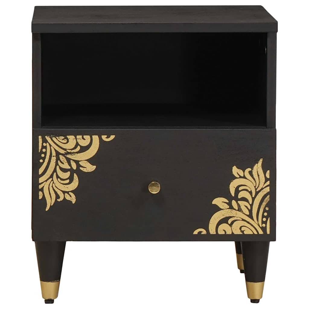 Ein schwarzer Holznachttisch mit einem dekorativen goldenen Blumenmuster auf der unteren Schublade, versehen mit einem einzelnen Knauf und einem offenen Regal darüber.