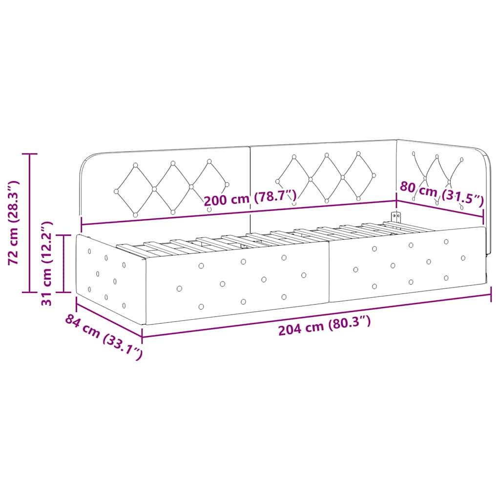 Eine Skizze eines Bettes mit Maßen: Breite 204 cm (80,3
