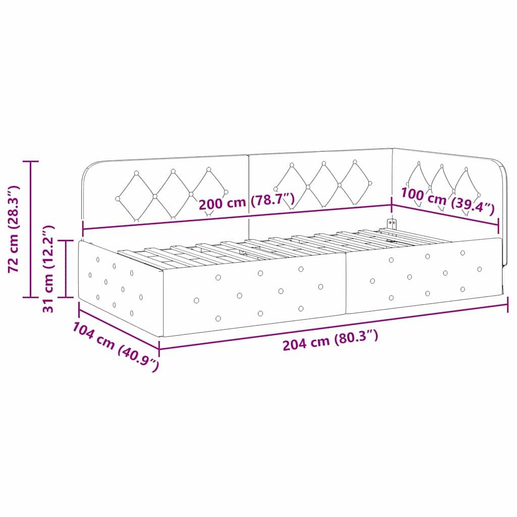 Tagesbett-Abmessungen: Breite 104 cm (40,9"), Länge 204 cm (80,3""), Höhe 72 cm (28,3""). Mit Aufbewahrungsschubladen und rautengesteppter Rückenlehne.