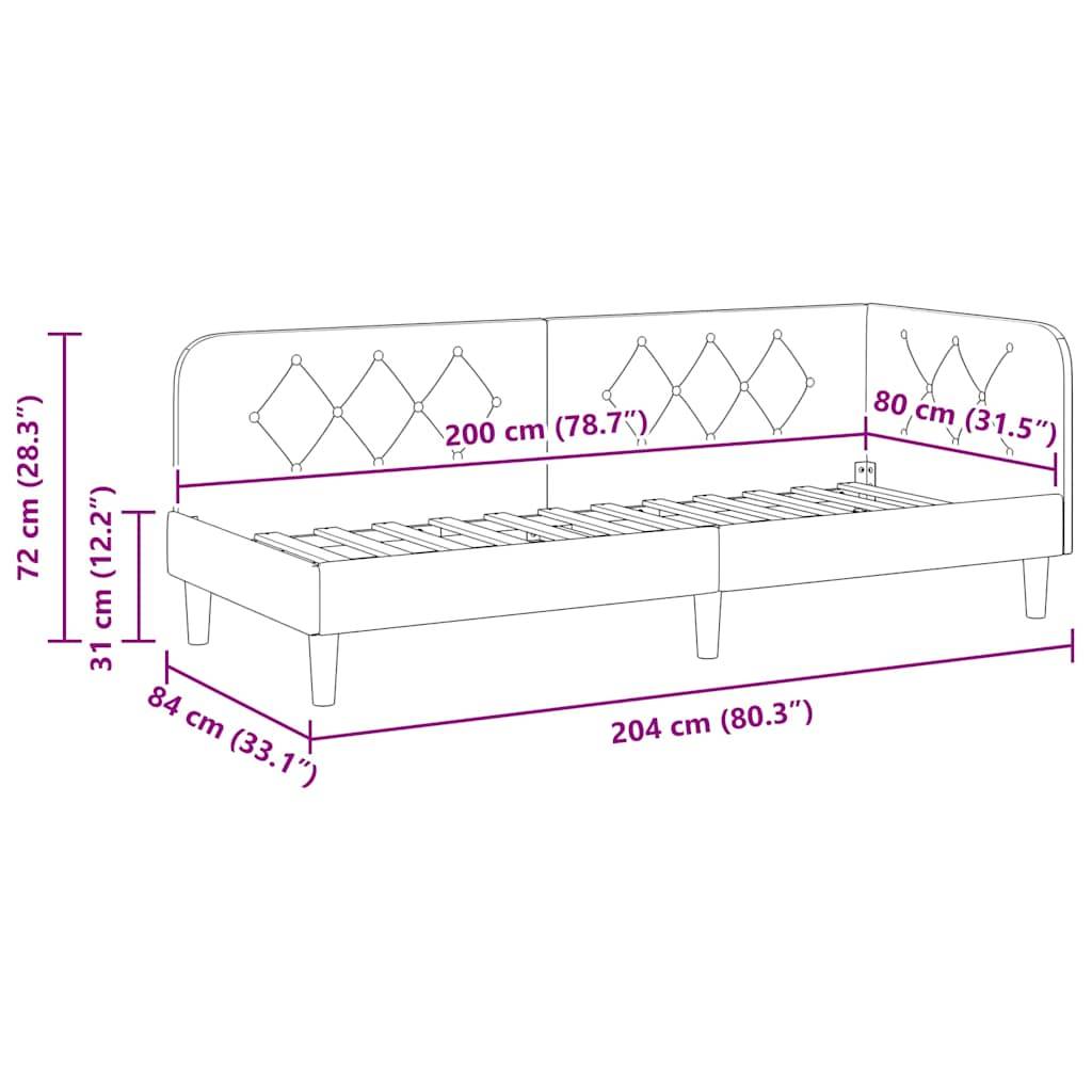 Tagesbettgestell-Diagramm mit Abmessungen: Länge 204 cm, Breite 84 cm, Höhe 72 cm. Kopfbretthöhe 80 cm. Hauptverwendung zur Größenreferenz.