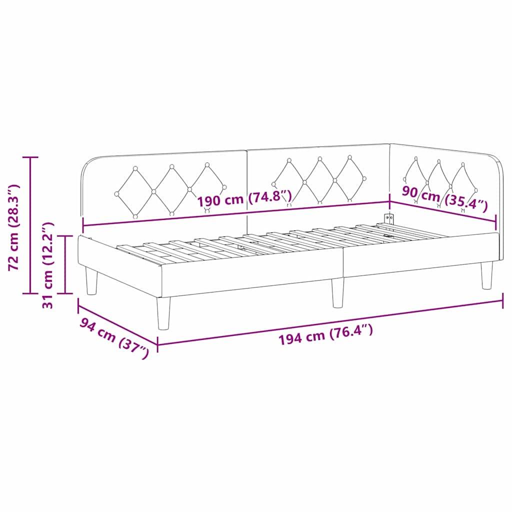 Tagesbett mit Maßen: 72 cm Höhe, 94 cm Tiefe, 194 cm Breite. Rückenlänge und Seitenlänge: 190 cm und 90 cm. Design umfasst Rautenmuster.