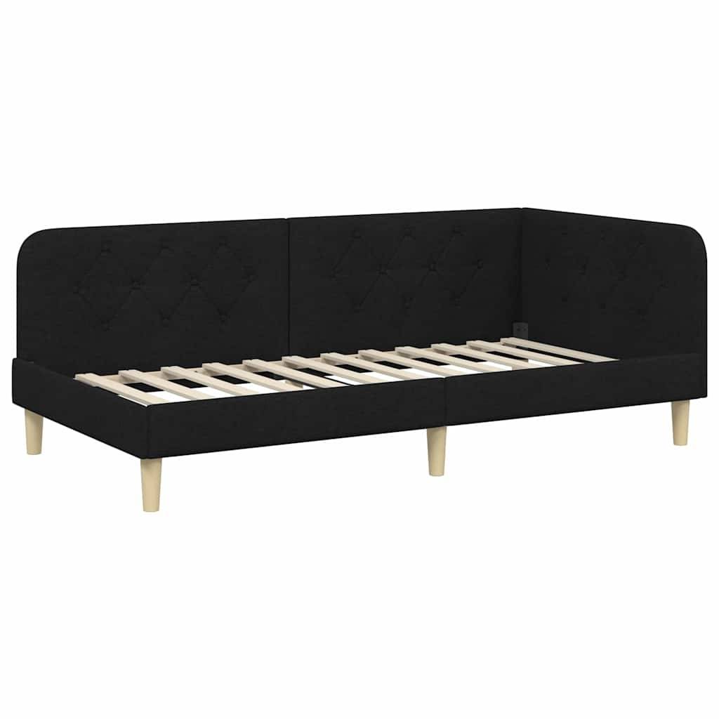 Schwarzer gepolsterter Tagesbettrahmen mit gesteppter Rückenlehne, Holzlatten und hellen Holzbeinen. Geeignet für ein modernes Schlafzimmer oder Wohnbereich.