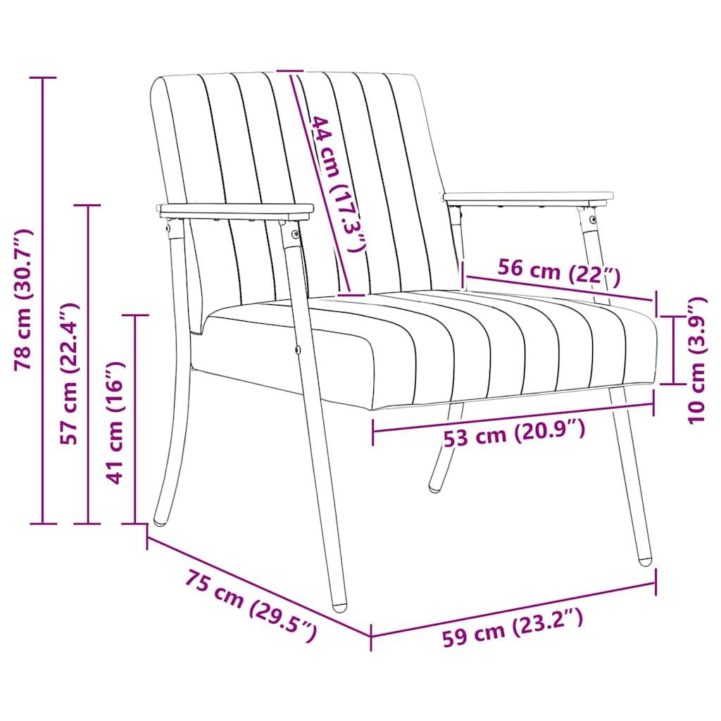 Linienzeichnung eines Stuhls mit Maßen: Höhe 78 cm, Sitzhöhe 53 cm, Breite 59 cm, Beinhöhe 41 cm und Rückenlehne 44 cm.