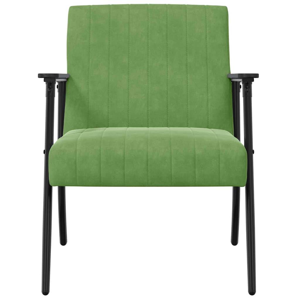 Eine Frontansicht eines grünen gepolsterten Stuhls mit schwarzen Metallfüßen und Armlehnen, der eine vertikale Nahtmusterung auf der Rückenlehne und dem Sitz aufweist.