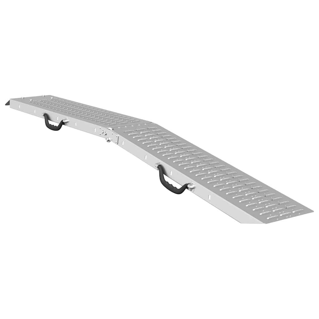 Klappbare Aluminium-Laderampe mit Griffen, entwickelt für einfachen Transport und Nutzung, ideal zum Verladen von Ausrüstung in Fahrzeuge.