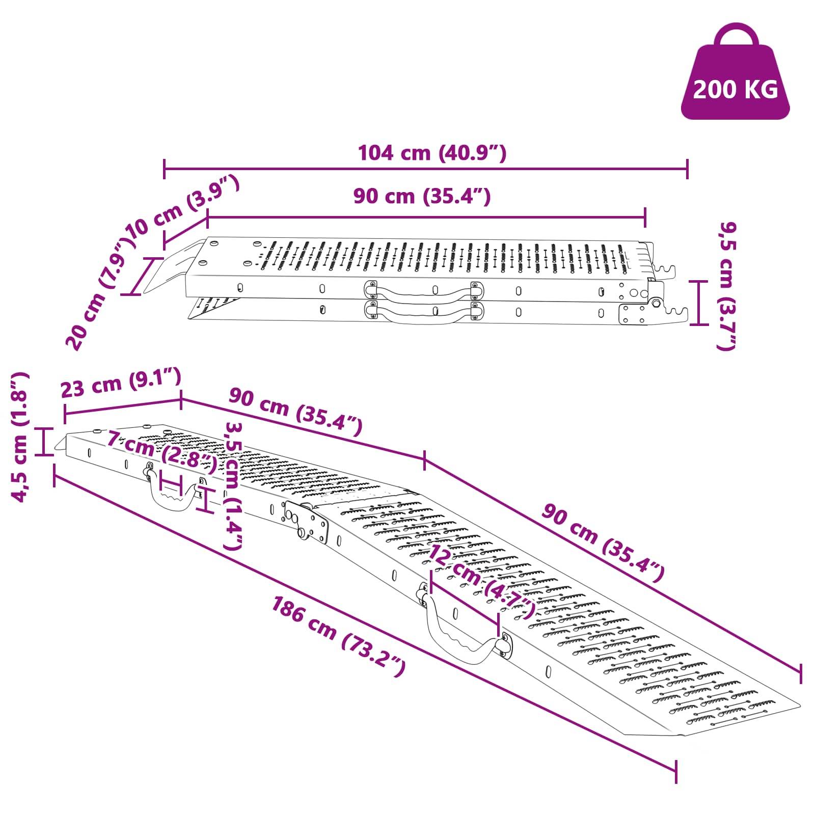 Zusammenklappbare Rampe mit Abmessungen: 186 cm Länge, 90 cm Breite, 4,5 cm Höhe. Tragfähigkeit: 200 kg. Zusammengefaltet misst sie 104 cm.