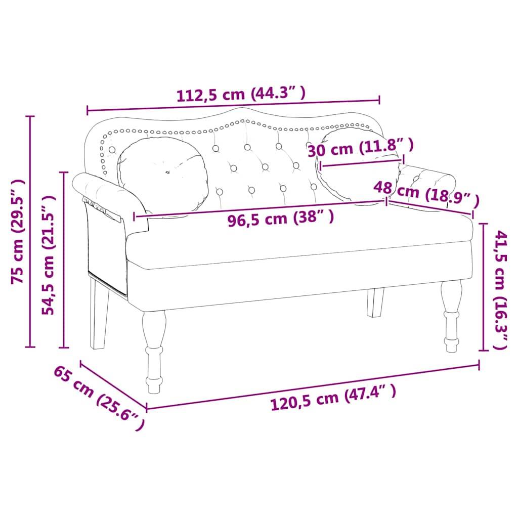 Sofa-Abmessungen in Zentimetern und Zoll: 112,5 cm (44,3