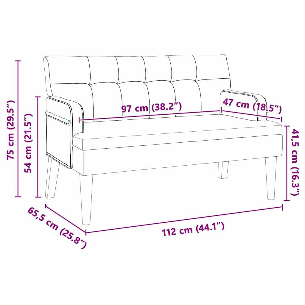 Sofa-Abmessungen: Breite 112 cm (44,1 Zoll), Sitztiefe 65,5 cm (25,8 Zoll), Armlehnenhöhe 54 cm (21,3 Zoll) und Rückenlehnenhöhe 75 cm (29,5 Zoll).