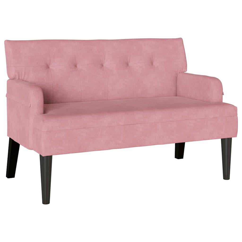 Rosa gepolstertes Zweisitzer-Sofa mit gesteppter Rückenlehne und schwarzen konischen Beinen auf weißem Hintergrund.