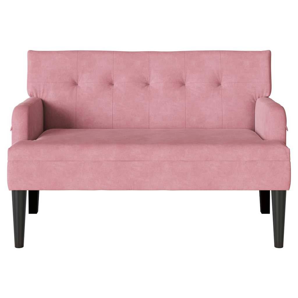 Rosa gepolstertes Zweisitzer-Sofa mit gesteppter Rückenlehne und schwarzen konischen Beinen auf weißem Hintergrund.