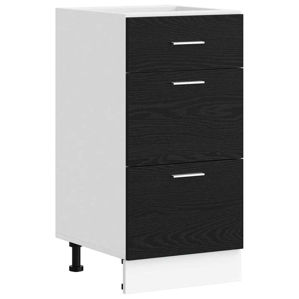Schwarzweißer Schrank mit drei Schubladen, ausgestattet mit metallfarbenen Griffen, versehen mit verstellbaren Beinen und einem minimalistischen Design, ideal für Aufbewahrungszwecke.