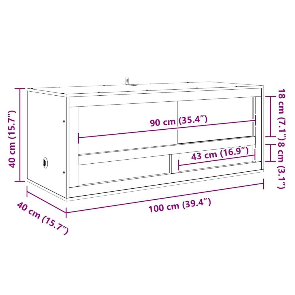"Schematische Darstellung eines Schranks mit Maßen. Breite: 100 cm (39,4"), Höhe: 40 cm (15,7""), Tiefe: 40 cm (15,7""). Einlegeboden: 90 cm (35,4"") breit, 18 cm (7,1"") hoch."
