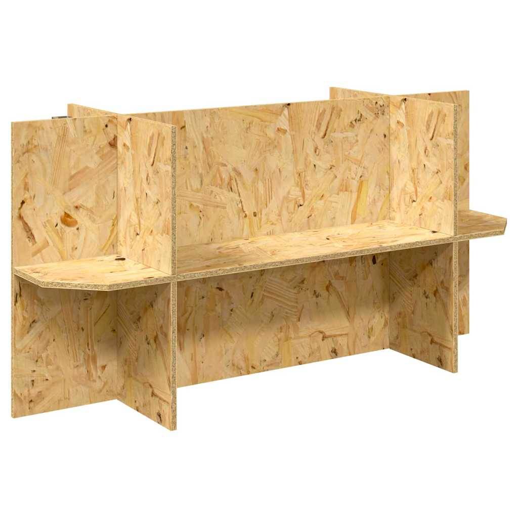 Eine Holzbank aus Spanplatte mit hoher Rückenlehne und Seitenteilen. Das Design ist schlicht und zeigt die Textur des Materials.
