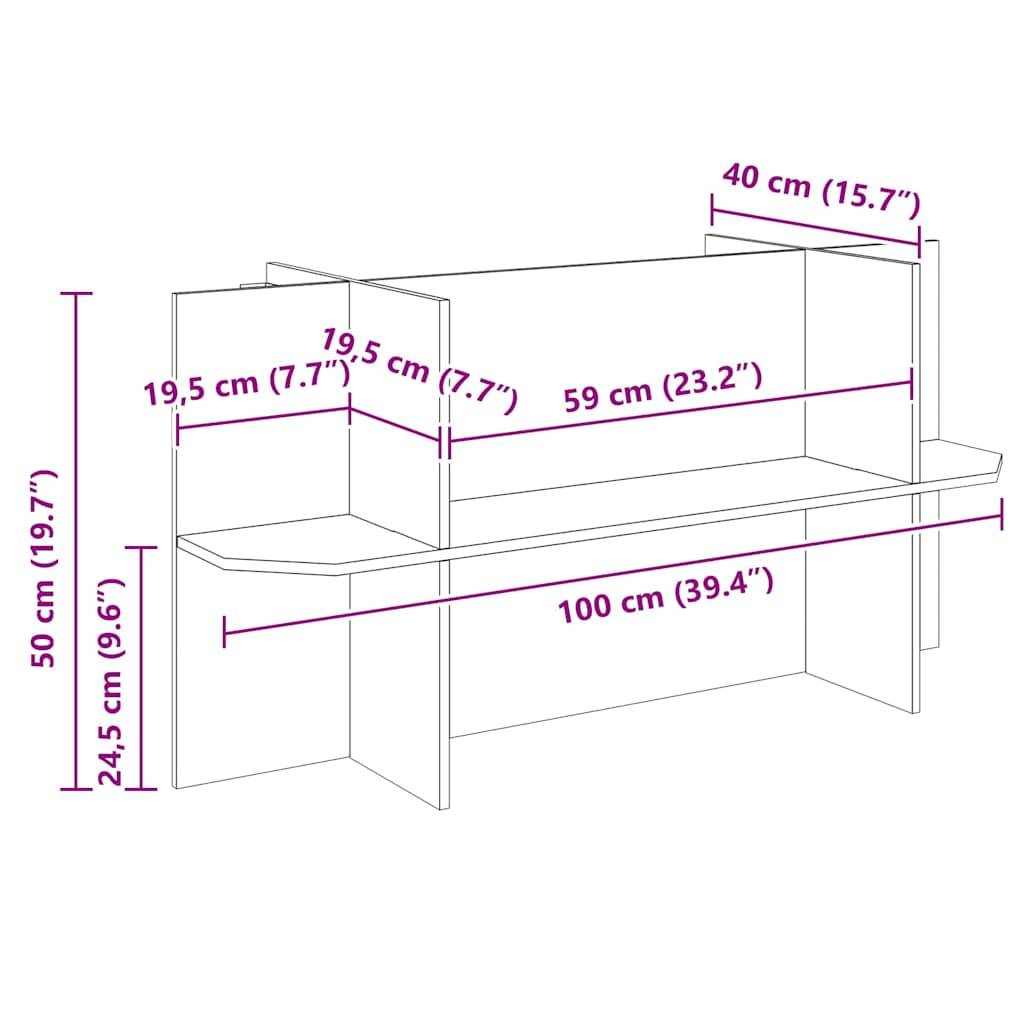 Diagramm eines Holzbearbeitungsprojekts, das eine Regaleinheit mit Maßen zeigt: 100 cm breit, 50 cm hoch und 24,5 cm tief, mit beschrifteten Regalen.