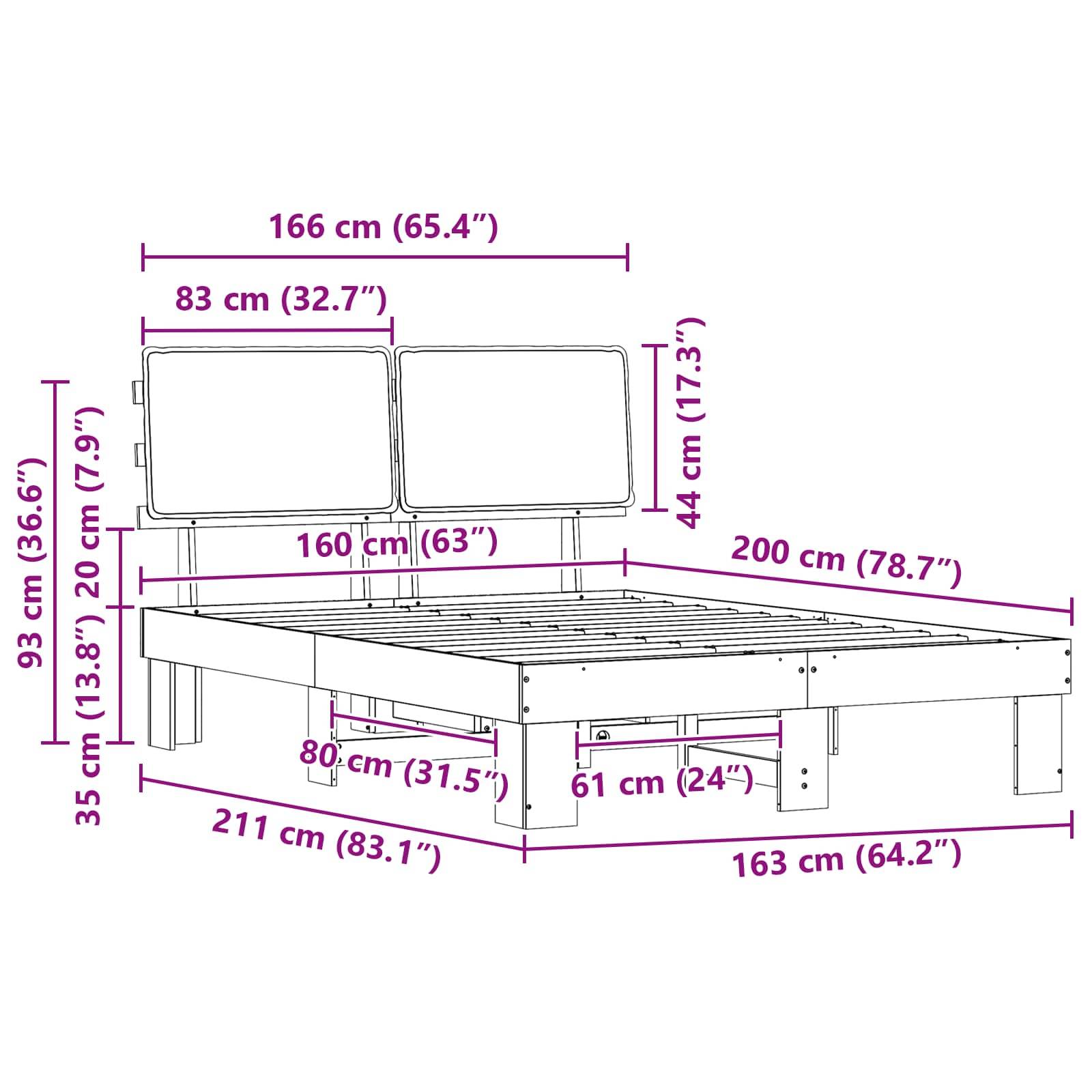 Eine Skizze eines Bettgestells mit Maßen: Länge 211 cm, Breite 163 cm, Höhe 35 cm. Kopfteilbreite 166 cm, Höhe 44 cm.