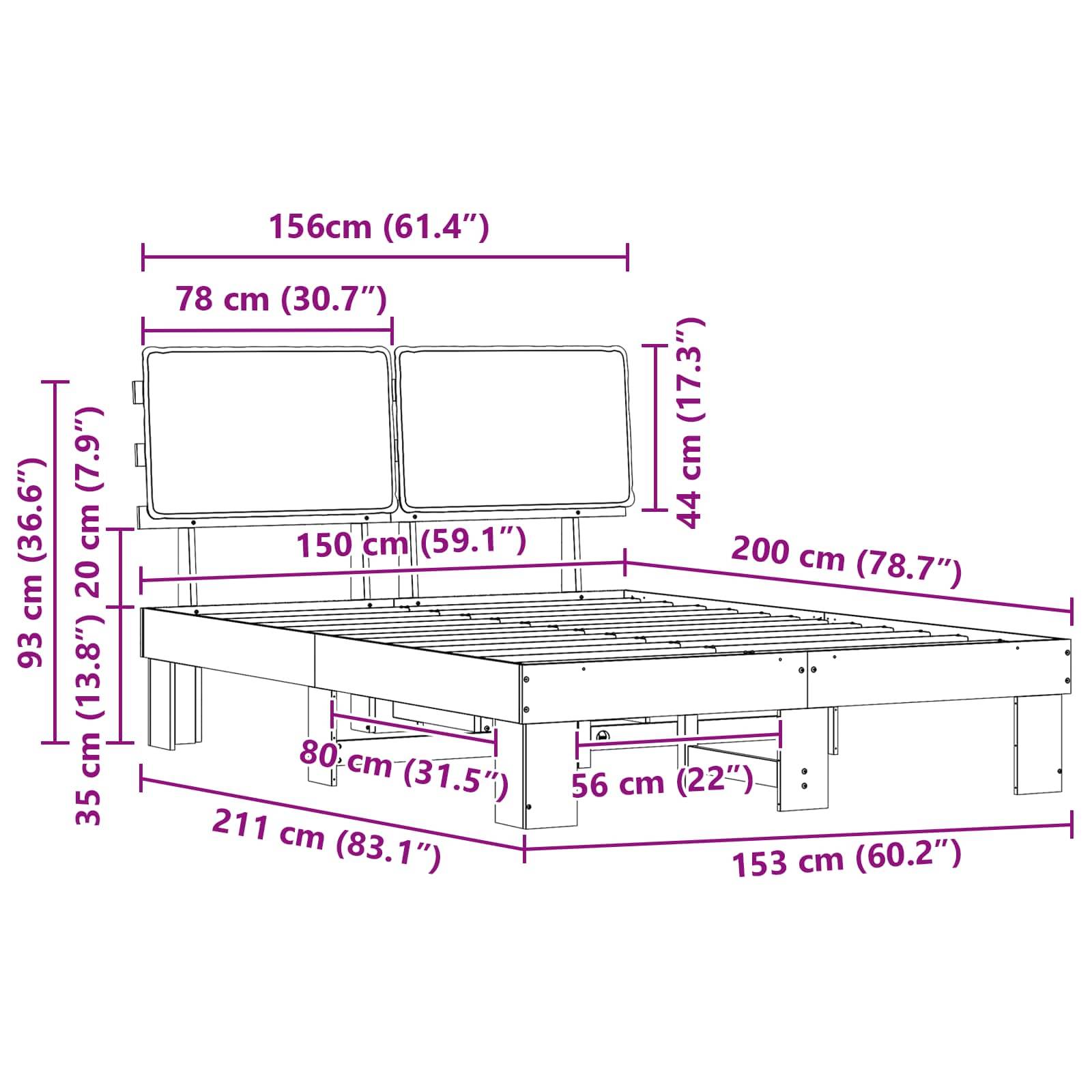 Abmessungen und Design eines Bettgestells: Breite 156 cm, Höhe 93 cm, Länge 200 cm. Inklusive Kopfteil und Bodenfreiheit.