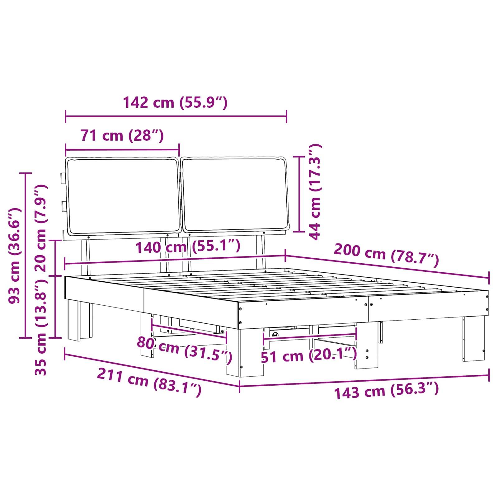 Ein Diagramm eines Bettgestells mit Maßangaben. Breite: 142 cm (55,9