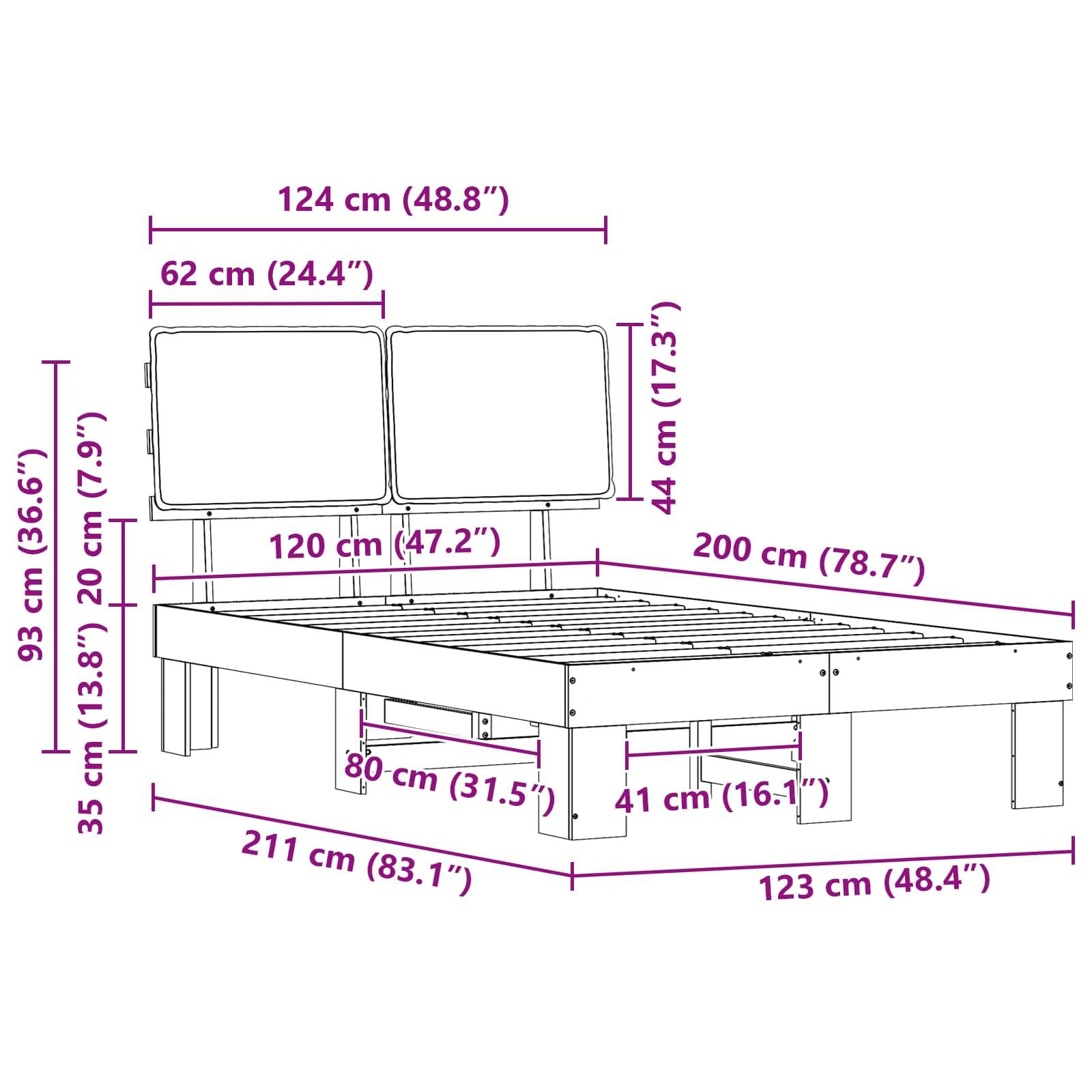Skizze eines Bettgestells mit beschrifteten Abmessungen: Länge 211 cm, Breite 123 cm, Höhe des Kopfteils 93 cm, Betthöhe 35 cm.