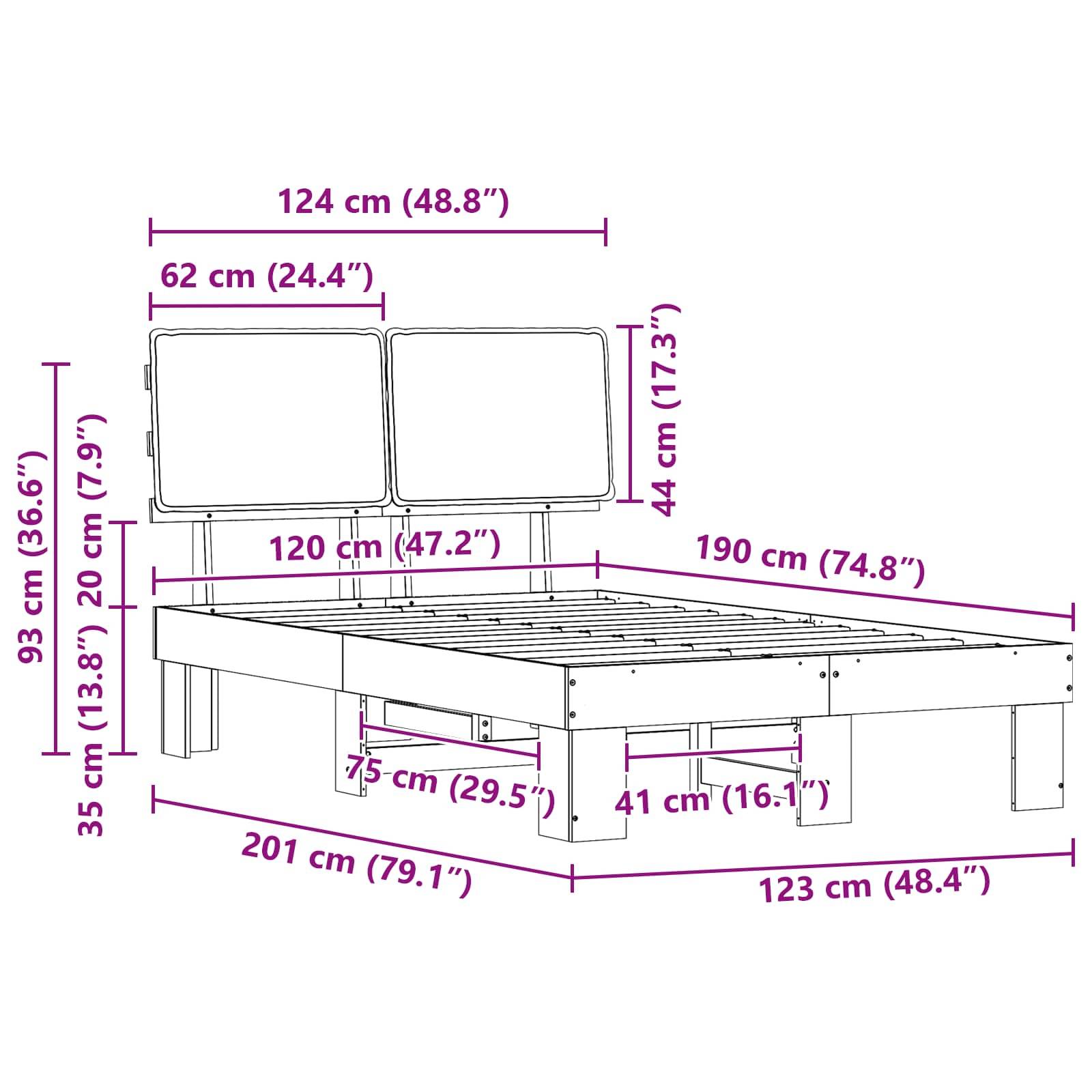 Diagramm der Bettabmessungen: 201 cm (79,1") Länge, 123 cm (48,4"") Breite, 35 cm (13,8"") Höhe bis zum Rahmen, 44 cm (17,3"") Kopfbretthöhe.