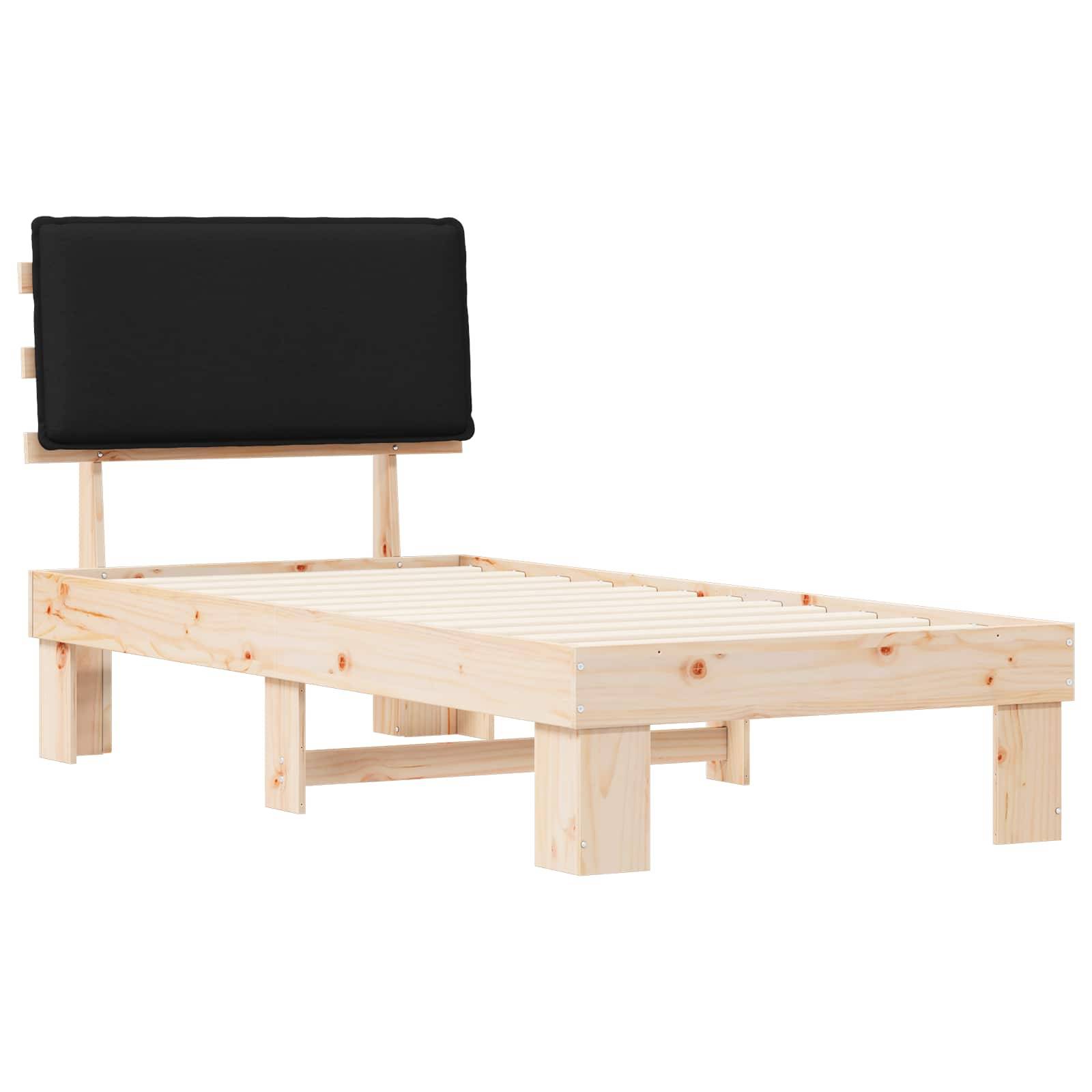 Holzbettgestell mit schwarzem gepolstertem Kopfteil, das ein minimalistisches Design und eine natürliche Oberfläche aufweist.