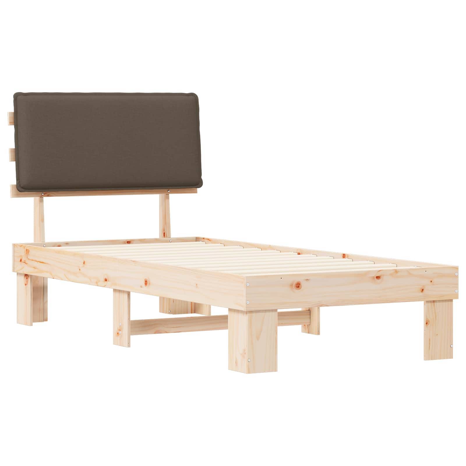 Holzlattenrahmen mit Lattenrost und gepolstertem, dunkelgrauem Kopfteil. Keine Matratze vorhanden. Schlichtes, minimalistisches Design.
