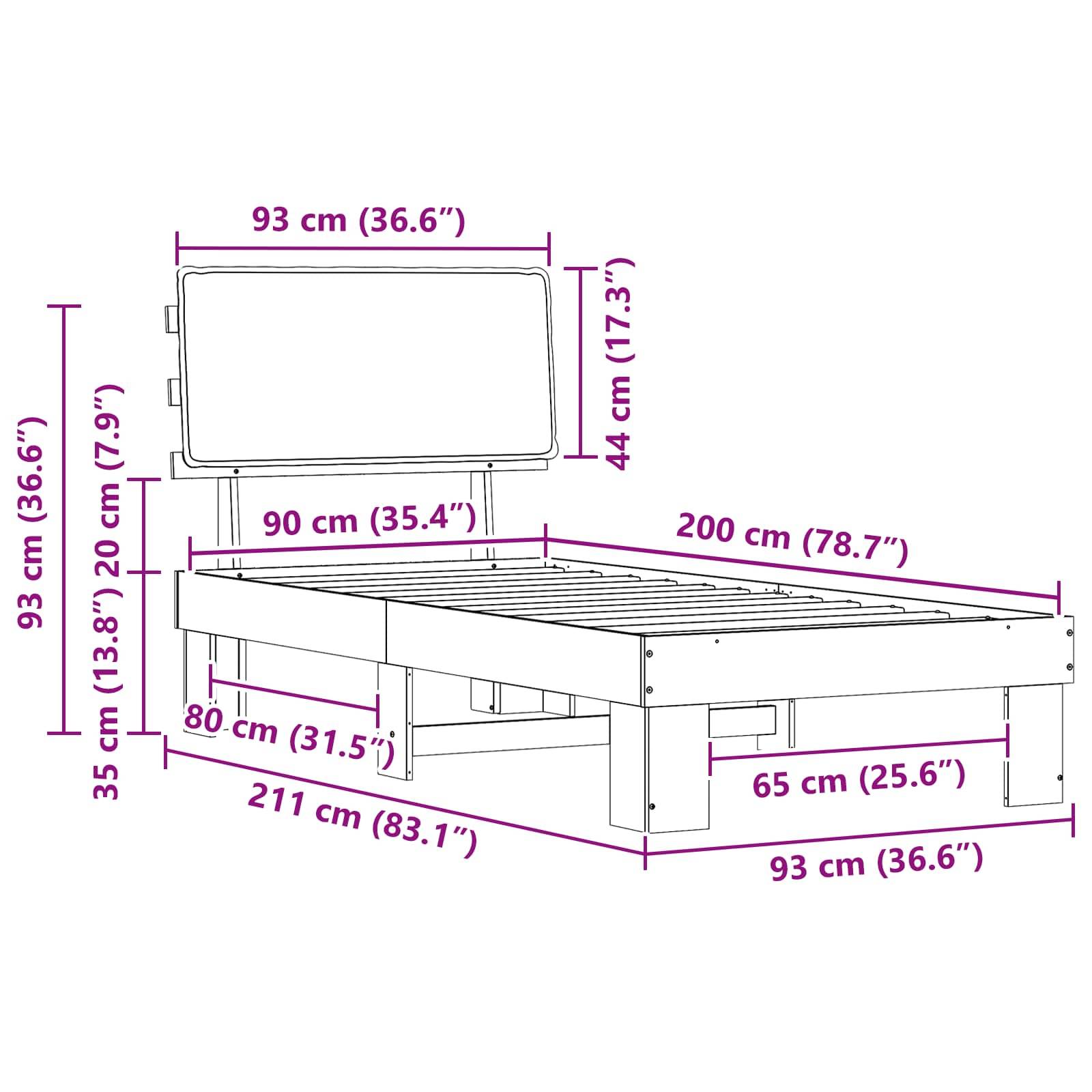 Rahmen eines Bettes mit Maßangaben: Breite 93 cm, Höhe 44 cm, Länge 200 cm. Enthält Maße für Fuß- und Kopfteil.