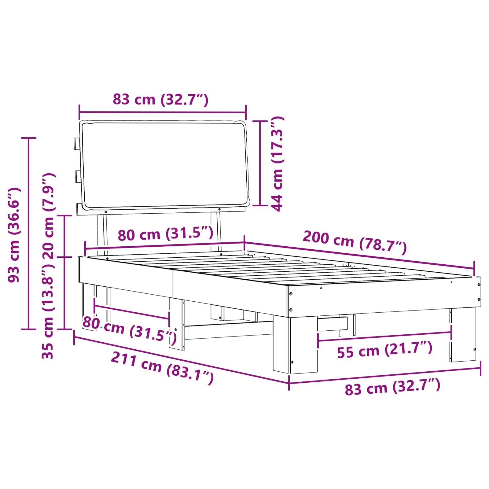 Ein Bettrahmen-Diagramm mit Maßen: Länge 200 cm, Breite 80-83 cm, Höhe 93 cm. Kopfteil-Höhe 44-220 cm, Fußteil-Höhe 35 cm.
