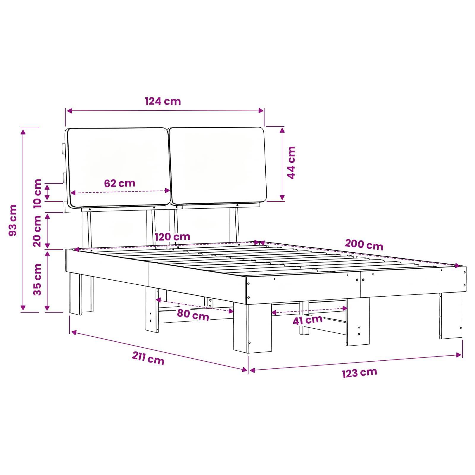 Maßstabgerechte Illustration eines Bettgestells mit Kopfteil und zwei Kissen, das die Gesamtgröße von 211 cm Länge, 124 cm Breite, 93 cm Höhe und andere beschriftete Teile zeigt.