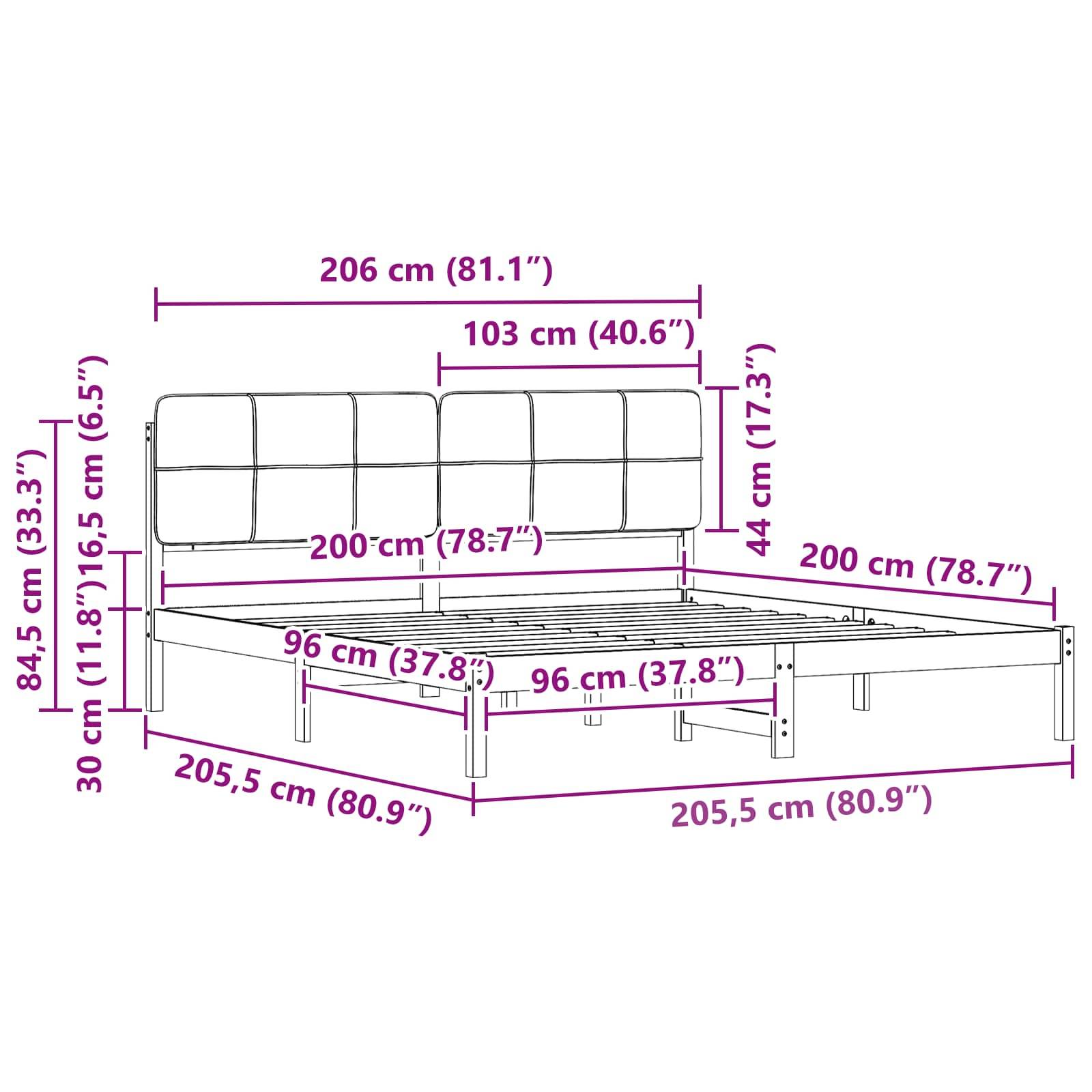 Darstellung eines Bettgestells mit Maßen: Breite 206 cm, Höhe 84,5 cm, Betthöhe 30 cm, Kopfteilbreite 103 cm und Länge 205,5 cm.