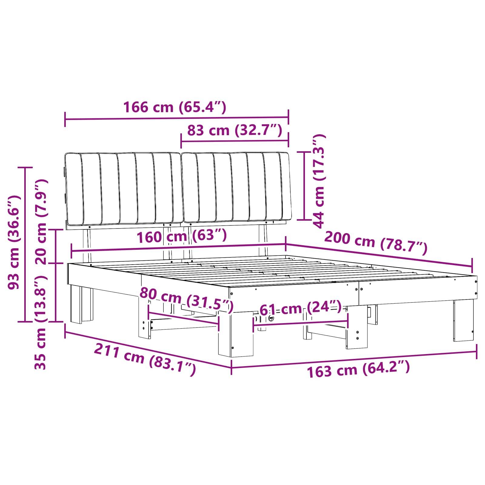 Bettrahmenabmessungen mit Kopfteil: Breite 166 cm (65,4