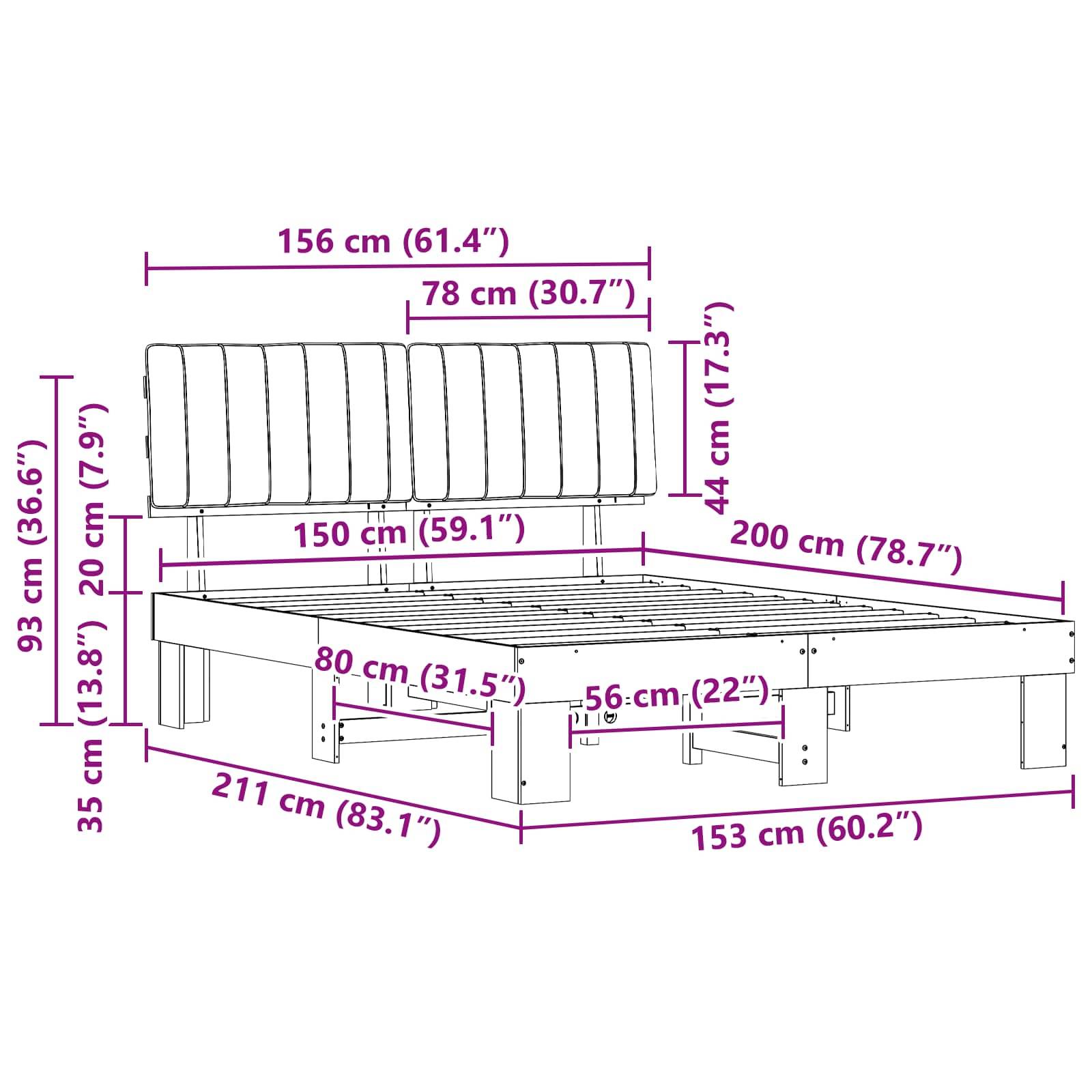 Diagramm eines Bettgestells mit Maßen: Länge 211 cm, Breite 153 cm, Höhe des Kopfteils 93 cm und Höhe des Fußteils 35 cm.