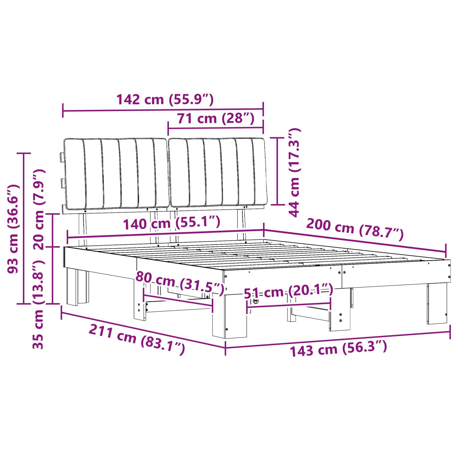 Bettrahmen-Diagramm mit Maßen: Höhe 93 cm, Breite 142 cm, Länge 211 cm. Merkmale: Kopfteil bei 71 cm und Bodenlattenrahmen bei 35 cm.