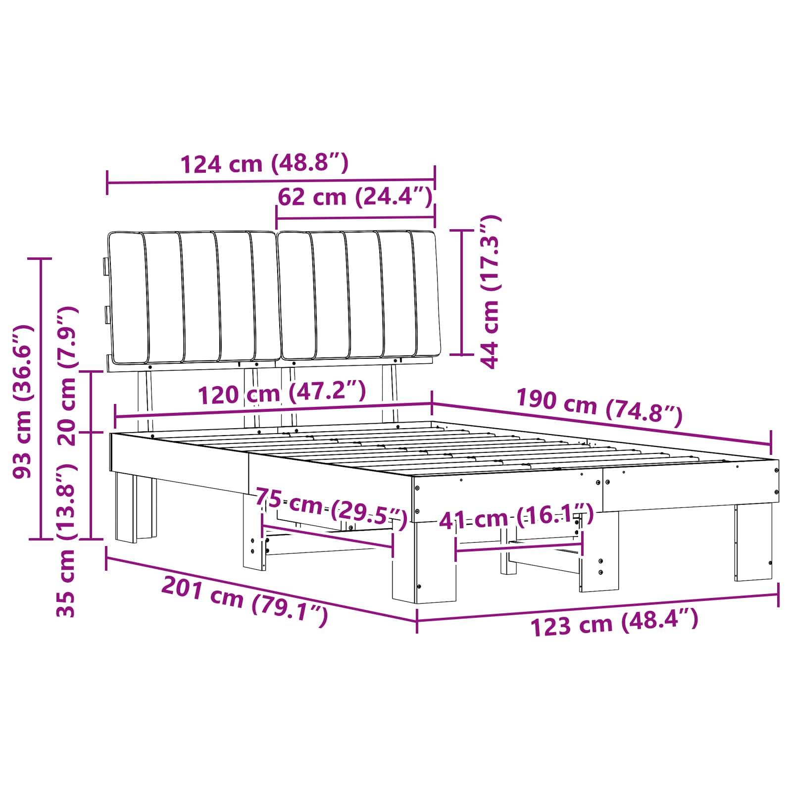 Illustration eines Bettgestells mit Maßen: Breite 124 cm (48,8