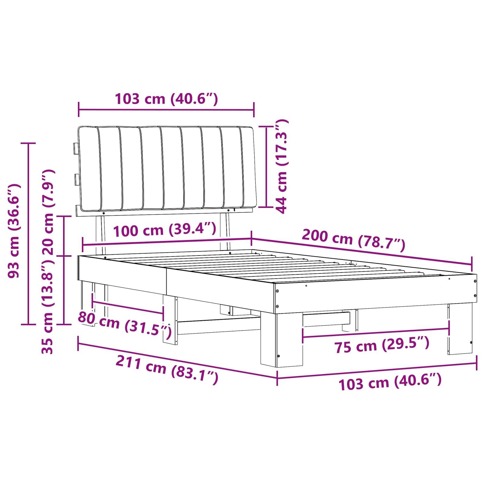 Bettrahmenabmessungen: Länge 211 cm (83,1