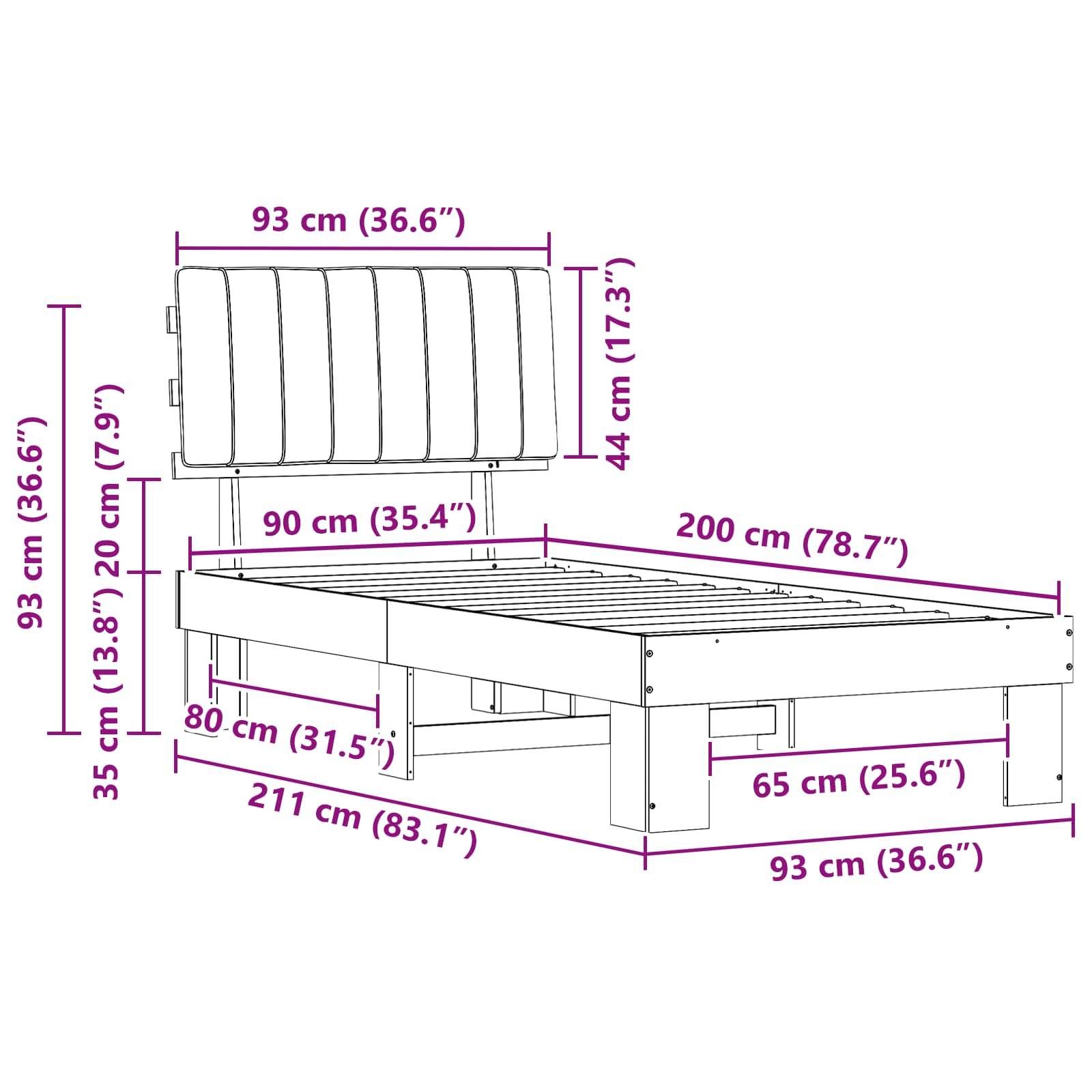 Dimensionszeichnung eines Bettgestells mit Kopfteil. Schlüsselmessungen: Höhe 120 cm, Länge 211 cm, Breite 200 cm.