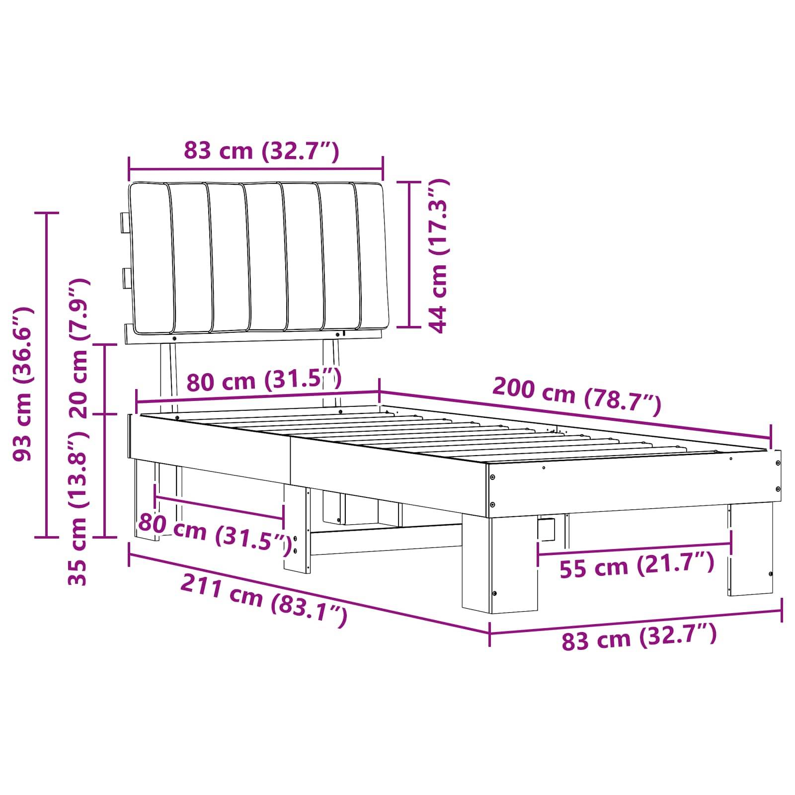Eine Skizze eines Bettgestells mit gepolstertem Kopfteil. Maße: Kopfteilhöhe 93 cm, Bettlänge 211 cm, Breite 83 cm, Höhe 35 cm.
